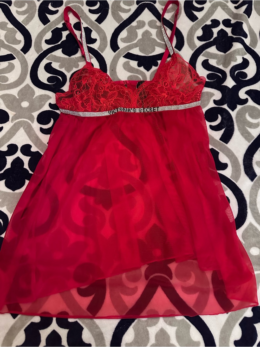 Victoria's Secret Red Lace & Mesh Chemise with Rhinestone Band